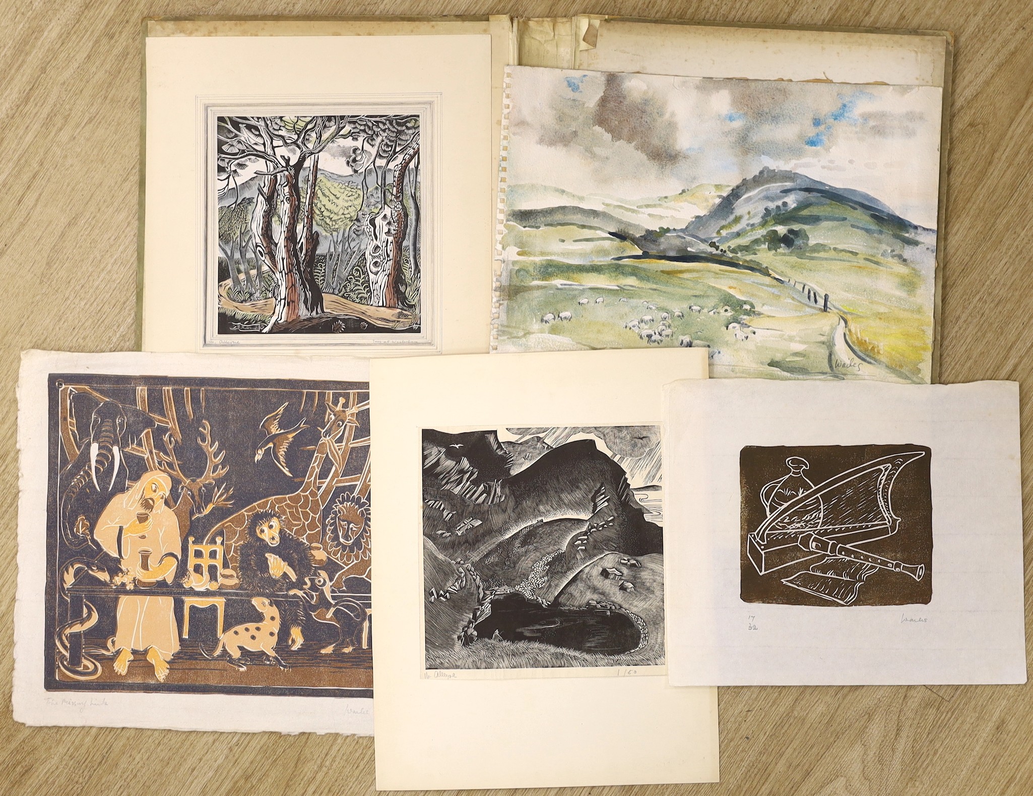 Mabel Alleyne (1896-1961), two wood engravings, ‘Trees at Westerham’ and 'Mountain Lake', signed, 18 x 17cm and 20 x 20cm, with two prints and a watercolour by Wailes